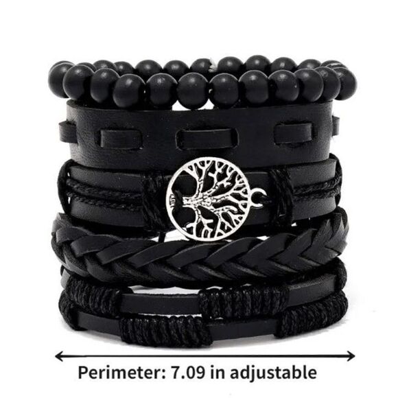 Tree of Life Hand Braided Leather Bead Unisex Bracelets - 5 Piece Set - Picture 5 of 5